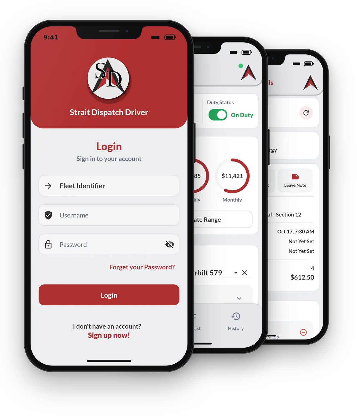 Strait Dispatch Driver app login, dashboard, and work order screens
