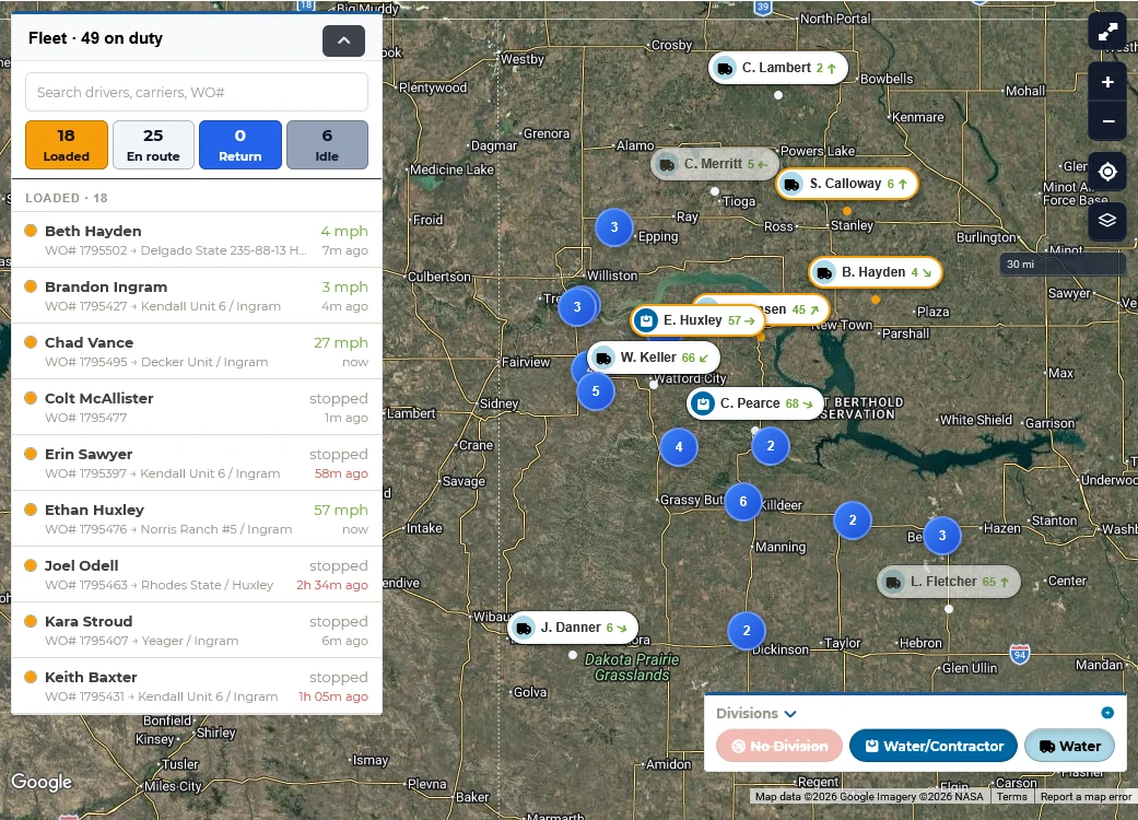 Fleet map with drivers grouped as loaded, en route, returning and idle