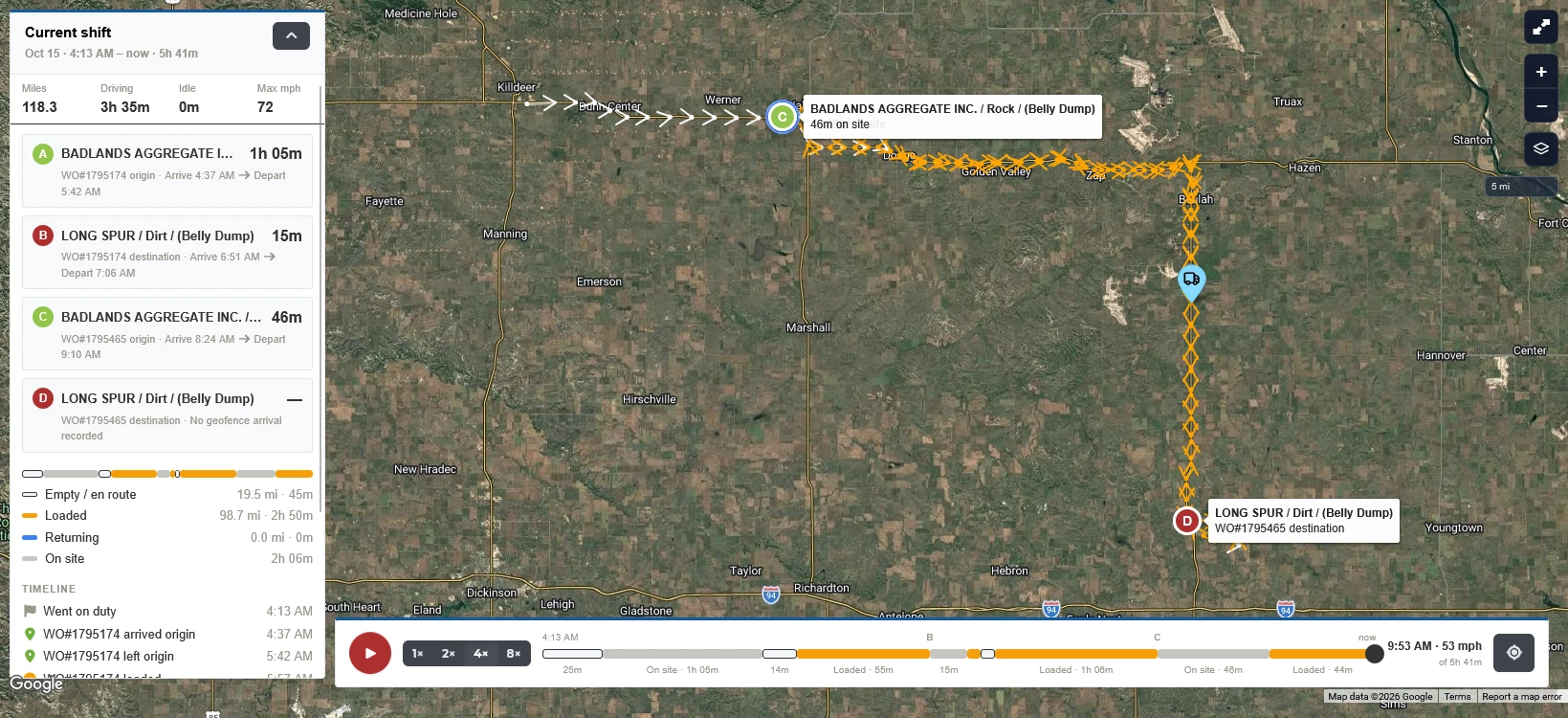 Shift replay of a driver’s full day hauling from Badlands Aggregate, with every stop and time on site