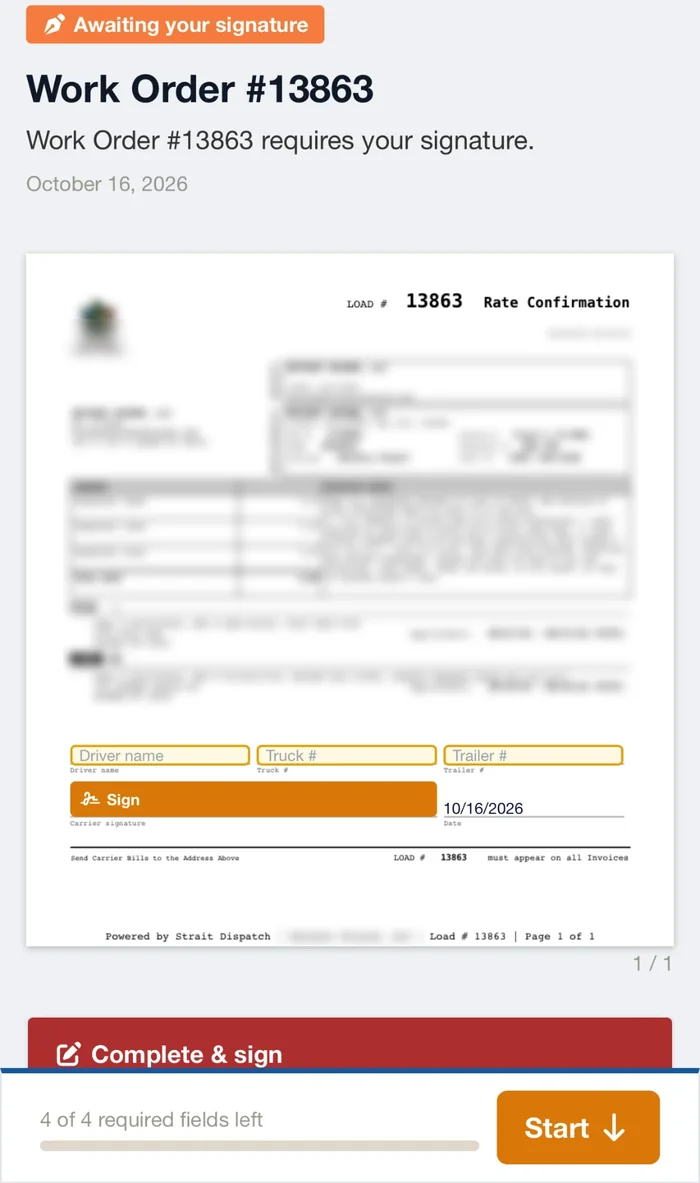 Strait Sign signing page on a phone showing a rate confirmation with highlighted fields, a Sign button, and a Start button with four required fields left